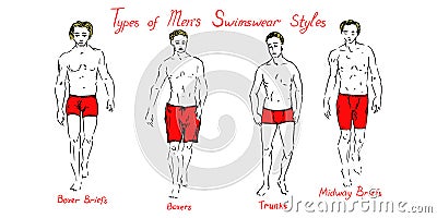 Portrait of sexy blonde guys in red boxer briefs, boxers, trunks and midway briefs shorts collection with inscription Vector Illustration